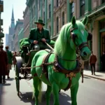 Wizard of Oz horse changing color from white to emerald green in the Emerald City scene.