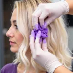 Woman Applying Purple Toner to Bleached Blonde Hair