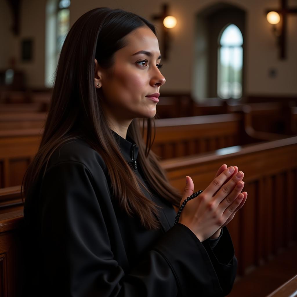 A woman praying in church on Good Friday.