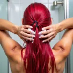 Woman washing her vibrant red colored hair with color-safe shampoo in the shower