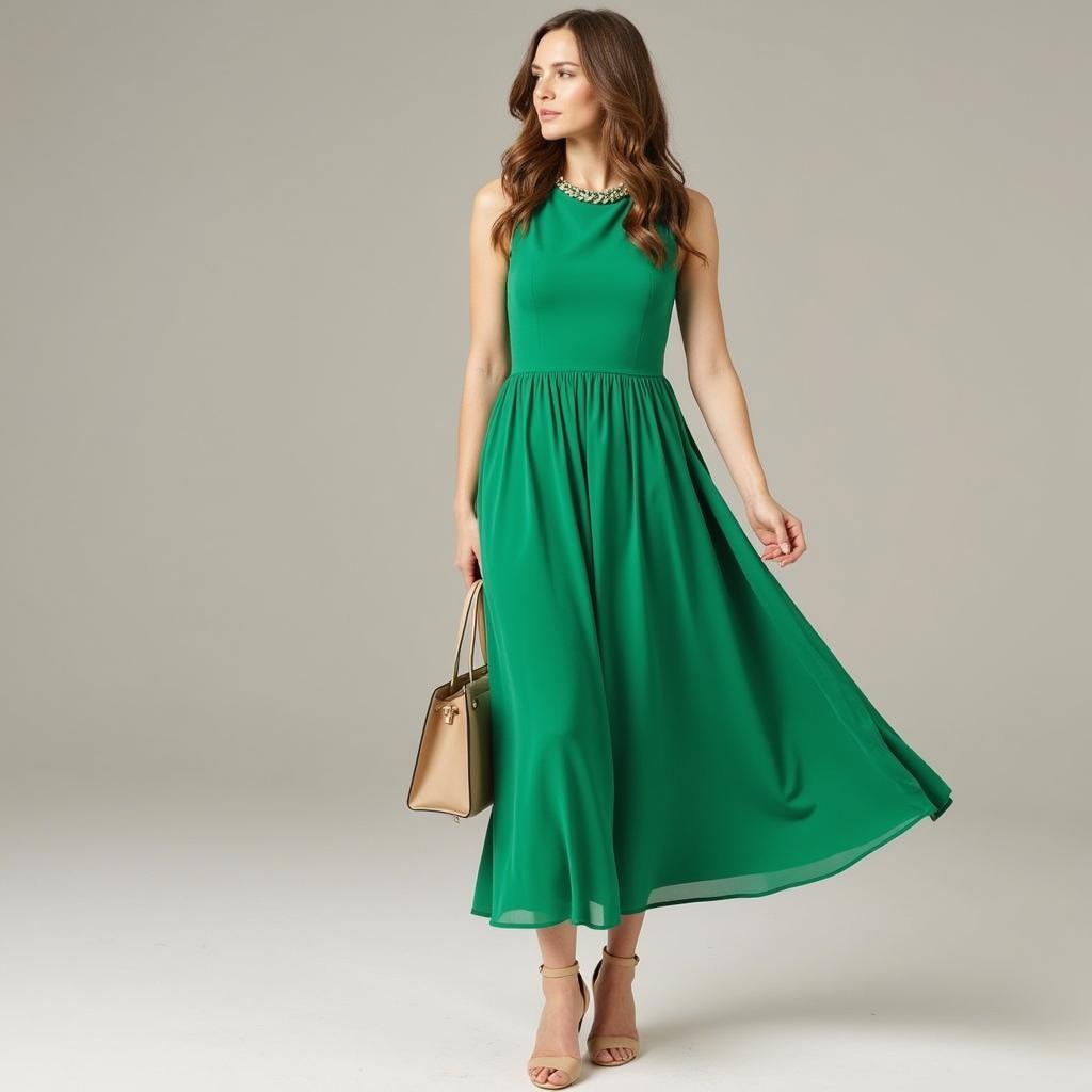 Green Dress with Beige Accessories