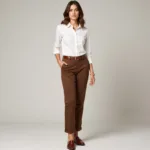 Woman wearing a white top and brown pants