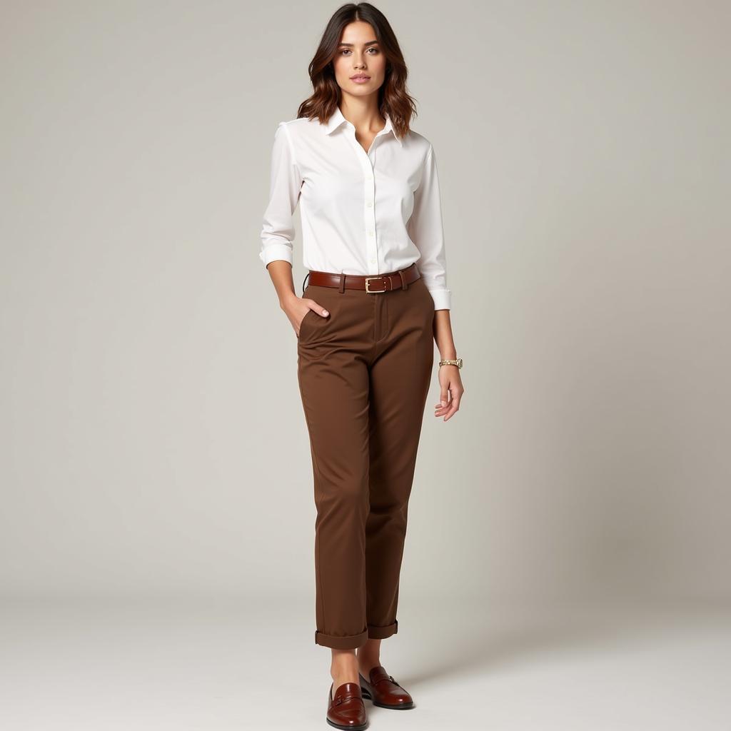 Woman wearing a white top and brown pants