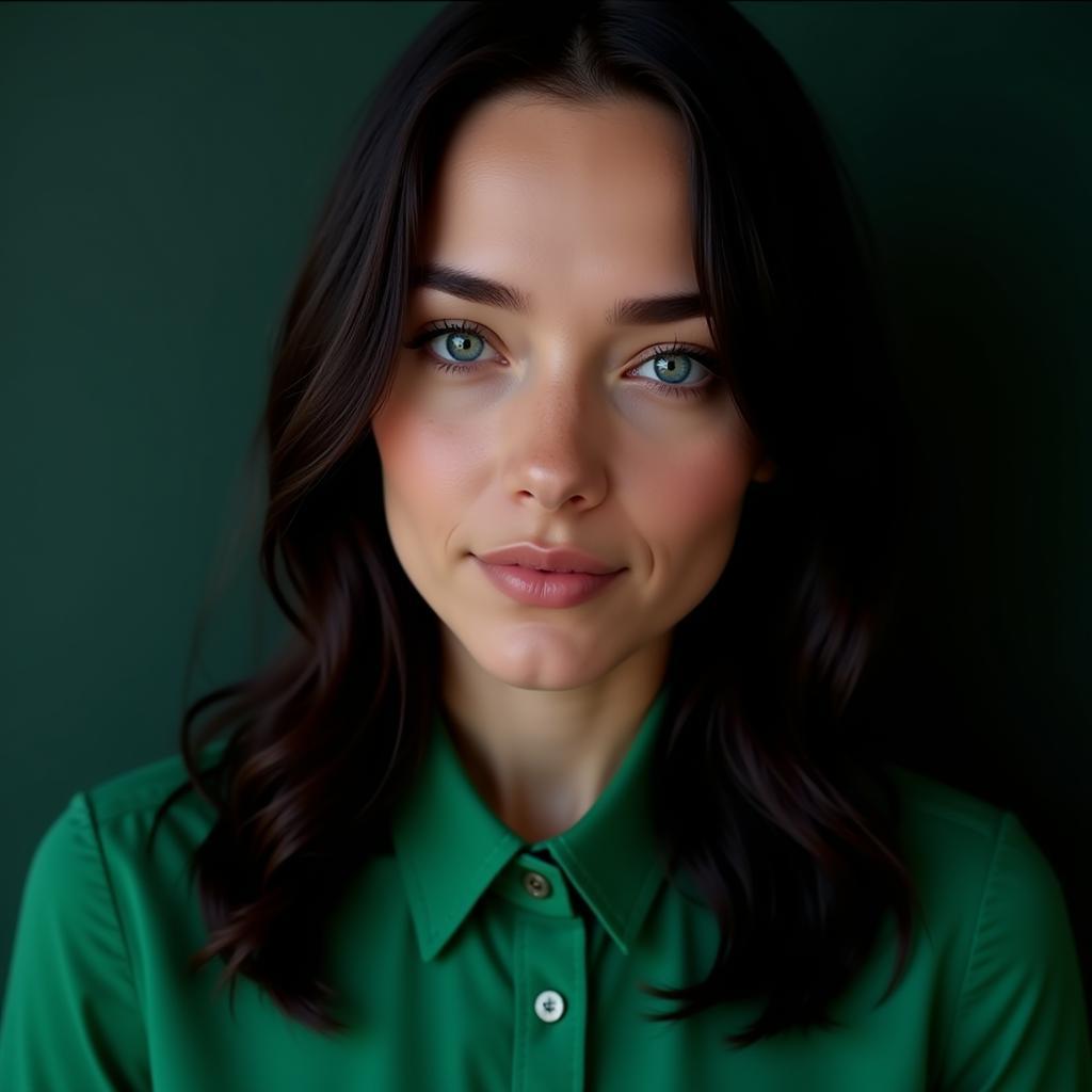 Woman with Dark Hair Wearing Emerald Green Shirt