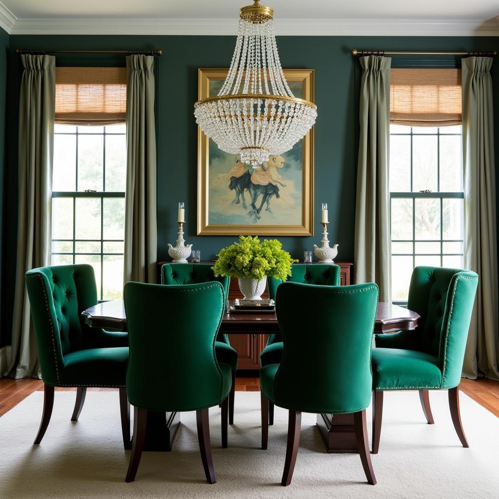 Dining Room Decor with Wrought Iron and Emerald Green