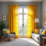 Yellow curtains brighten a grey living room, adding a cheerful and vibrant touch.