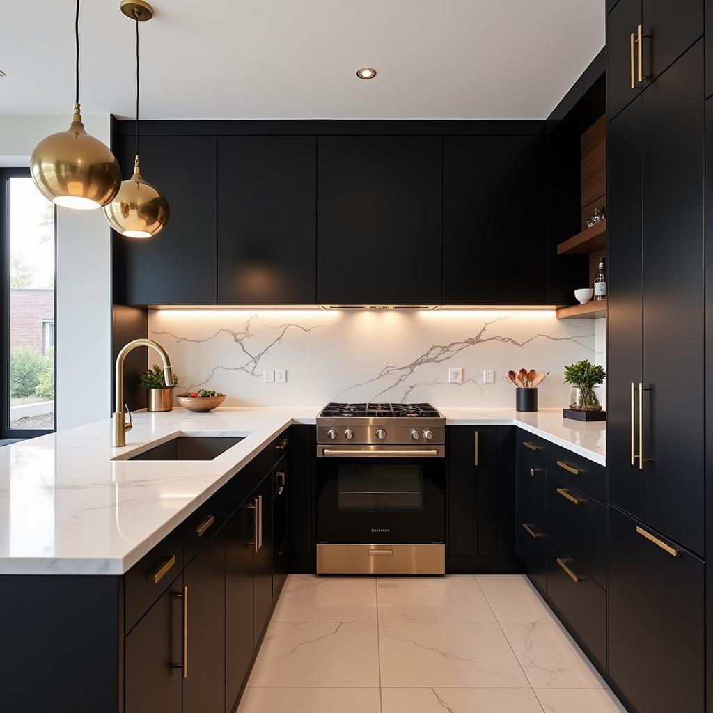 Alabaster Walls with Black Cabinets in a Modern Kitchen