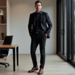 Man in black suit with brown shoes