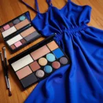 Eyeshadow palettes and makeup brushes arranged around a blue dress on a table.