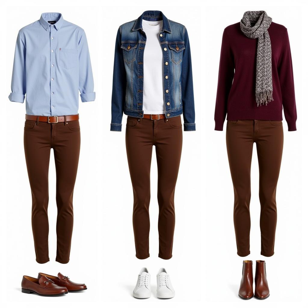 Dark Brown Pants Outfit Ideas: Various color combinations for shirts and accessories with dark brown pants.