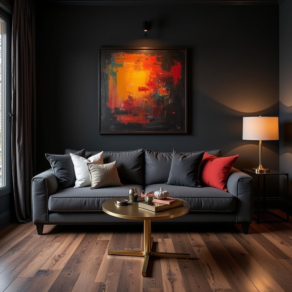 A room with dark wood floors and dark furniture, incorporating metallic accents and pops of color.