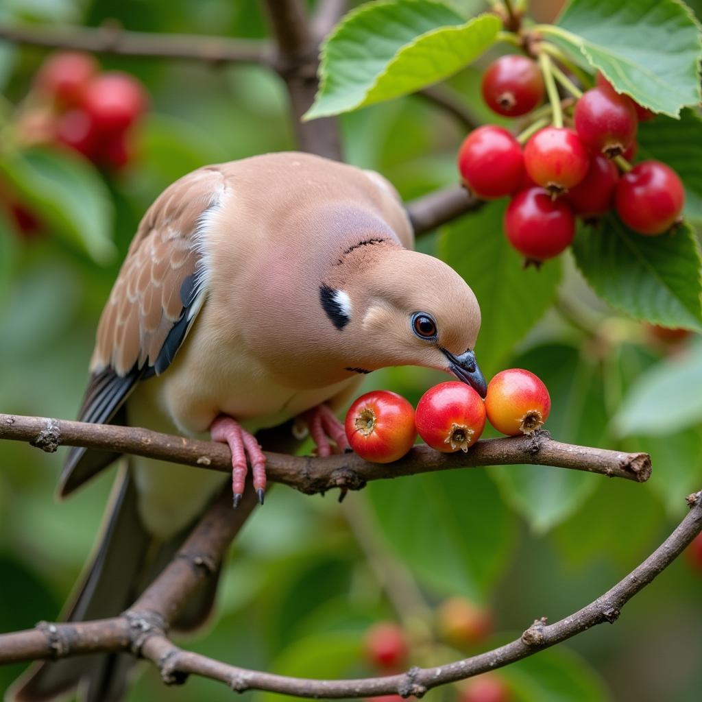 A dove perched on a branch, eating colorful berries.