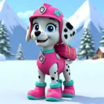 Everest in her pink and teal snow rescue uniform, standing proudly in the snow.