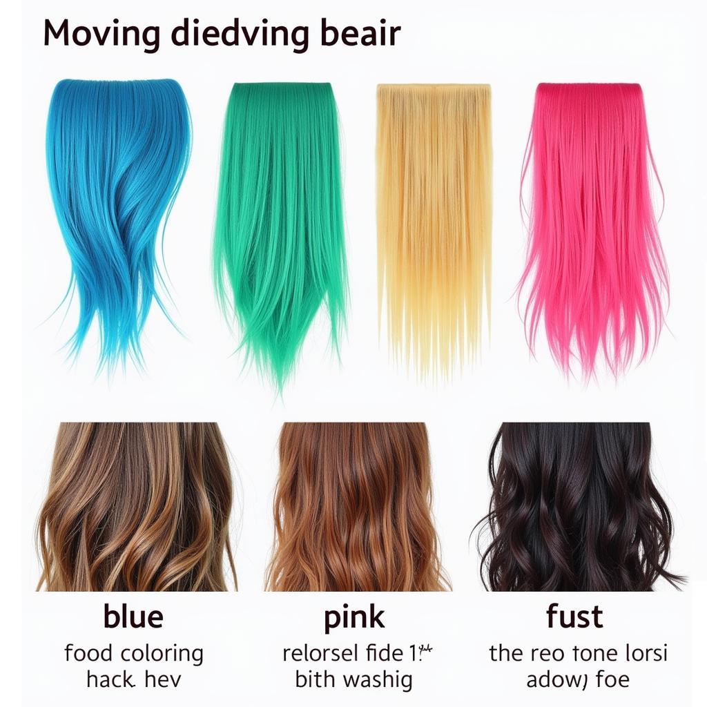 Food Coloring Hair Duration: Various shades of food coloring in different hair types, showcasing how the color fades over time.