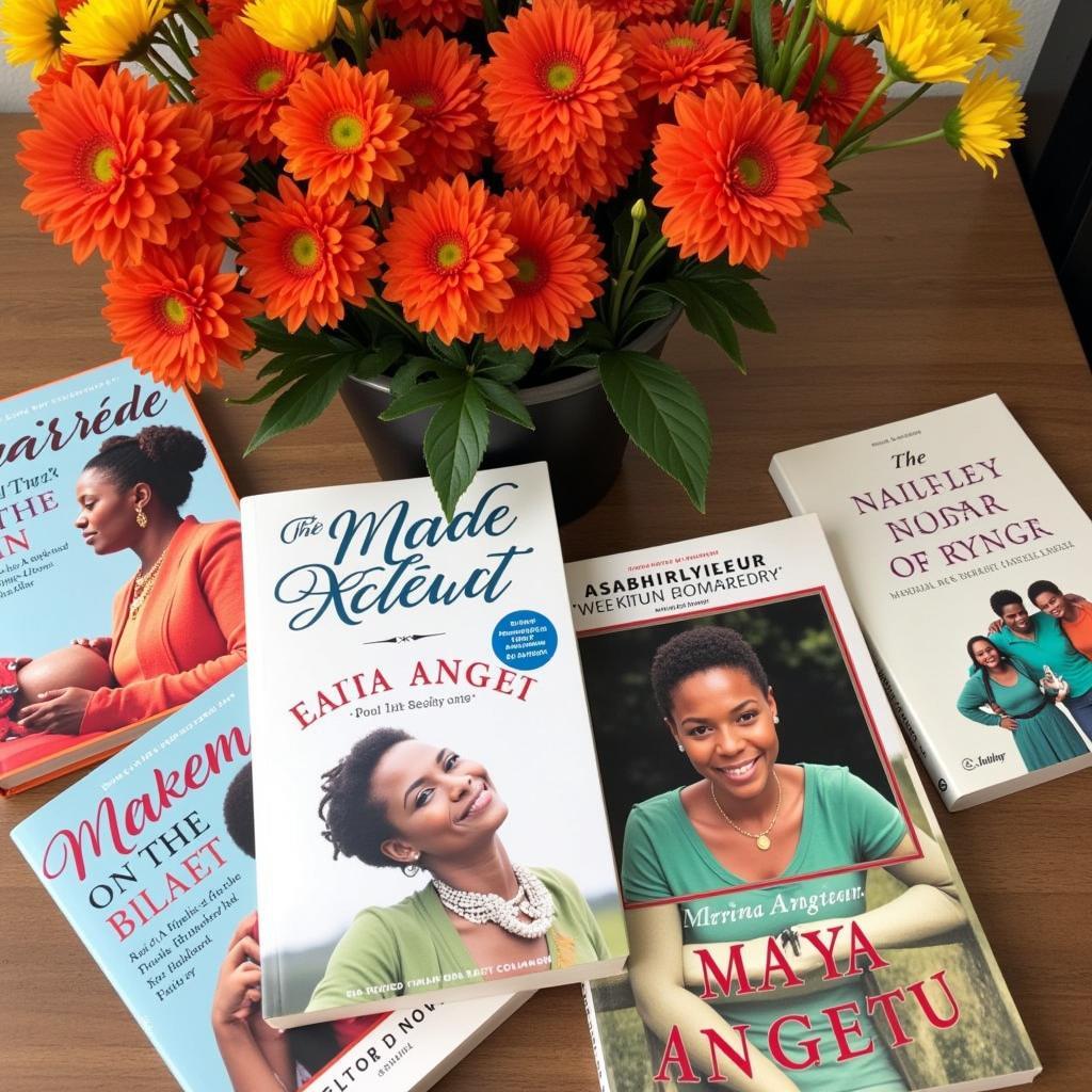 Maya Angelou's books surrounded by vibrant flowers