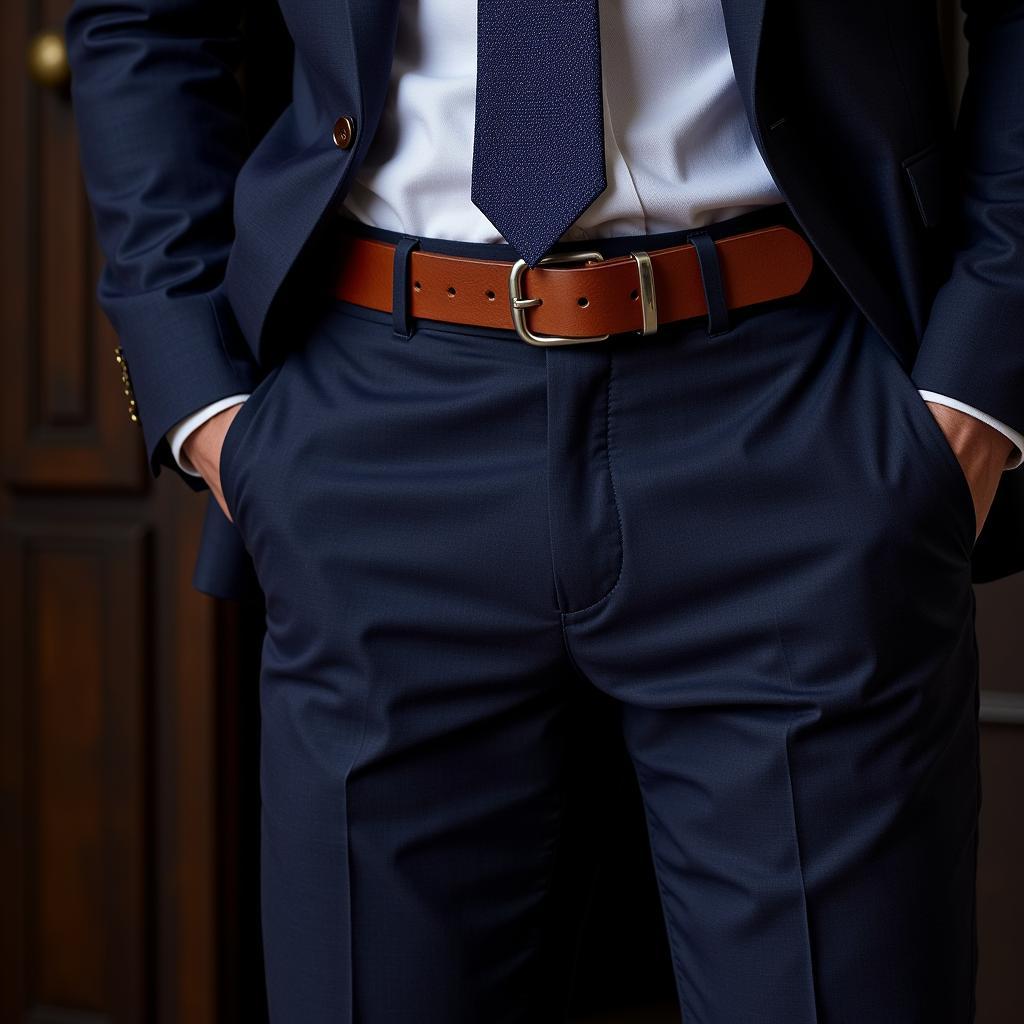 Man in Navy Suit with Brown Leather Belt