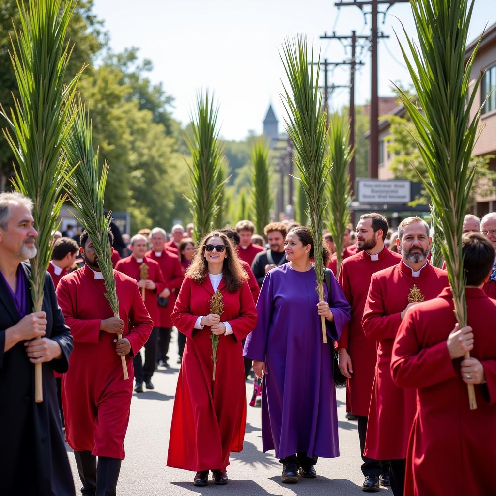 Palm Sunday Procession with Red and Purple