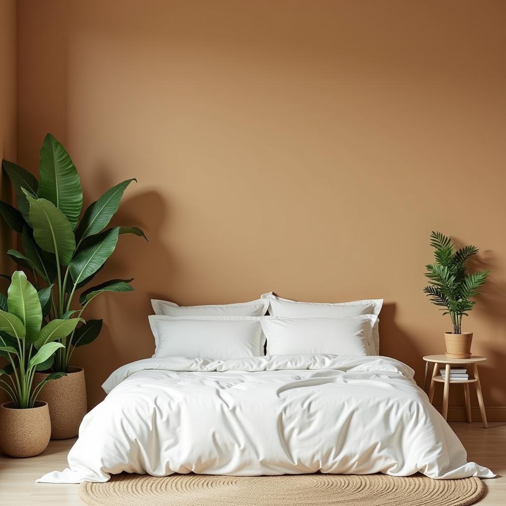 Tan Bedroom with Green Plants