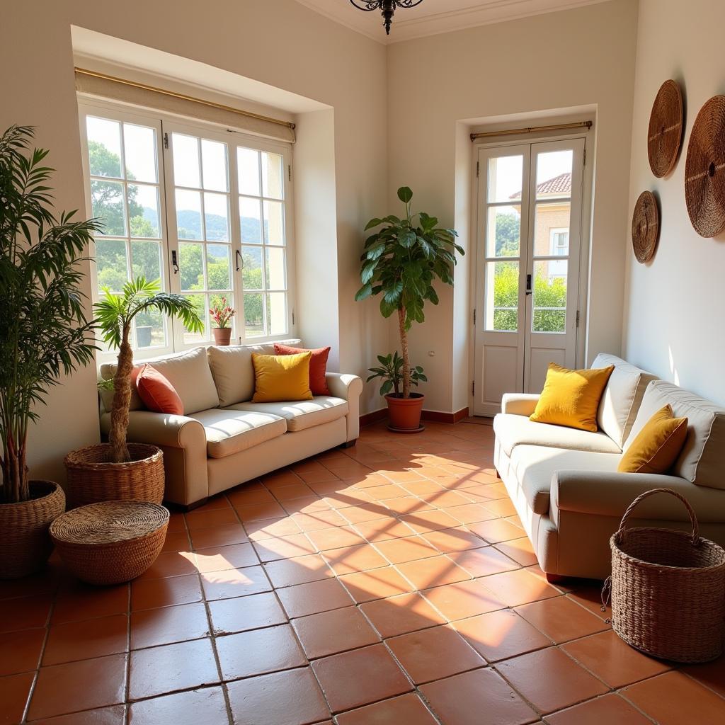 Terracotta tiles with matching furniture and decor.